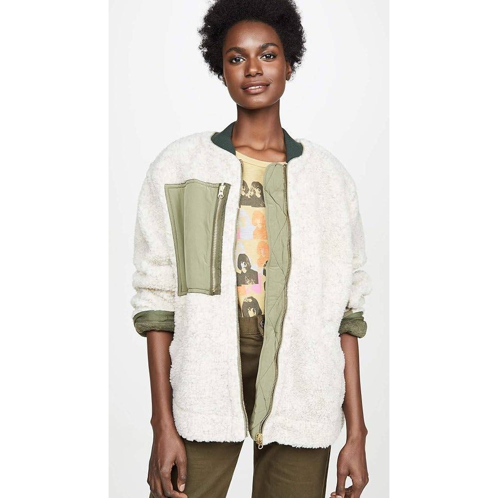 We The Free Sherpa Rivington Sherpa Bomber Jacket Olive Green Gray Womens Size M